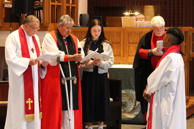 Rev Jimmy Luey, Bishop Waitohiariki Quayle and Poppy Lawrence present Bishop-elect Ana.