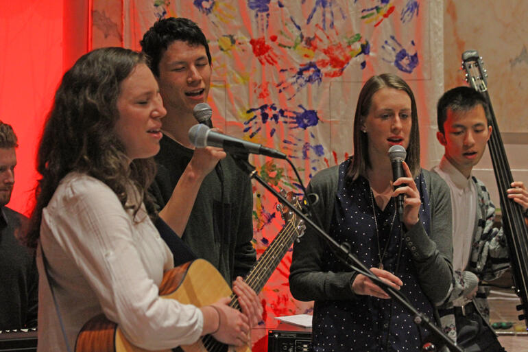 Members of a Blueprint Church worship band sing during communion at Bishop Eleanor Sanderson's consecration in 2017.