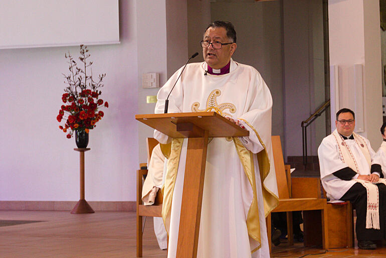 Bishop Kito Pikaahu remembers his longtime friend and brother in Christ, as Rev Ivica Gregurec looks on.