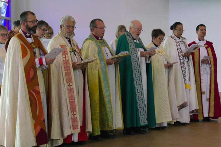 Bp Andrew Hedge, Bp Ngarahu Katene, Bp John Paterson and Bp George Connor join archdeacons to honour and remember Bishop Jim. Bp Andrew Hedge, Bp Ngarahu Katene, Bp John Paterson and Bp George Connor join archdeacons to honour and remember Bishop Jim.