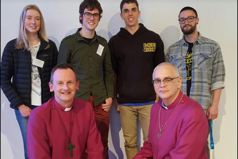 Bishop Ross Bay and Bishop Jim line up with some younger members of Auckland Diocesan Synod in 2016.