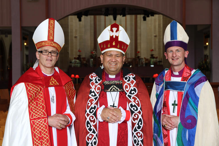 Bishops in Tamaki makaurau: Bishop Jim White, Bishop Te Kitohi Pikaahu and Bishop Ross Bay. Photo: Lloyd Ashton 2011.