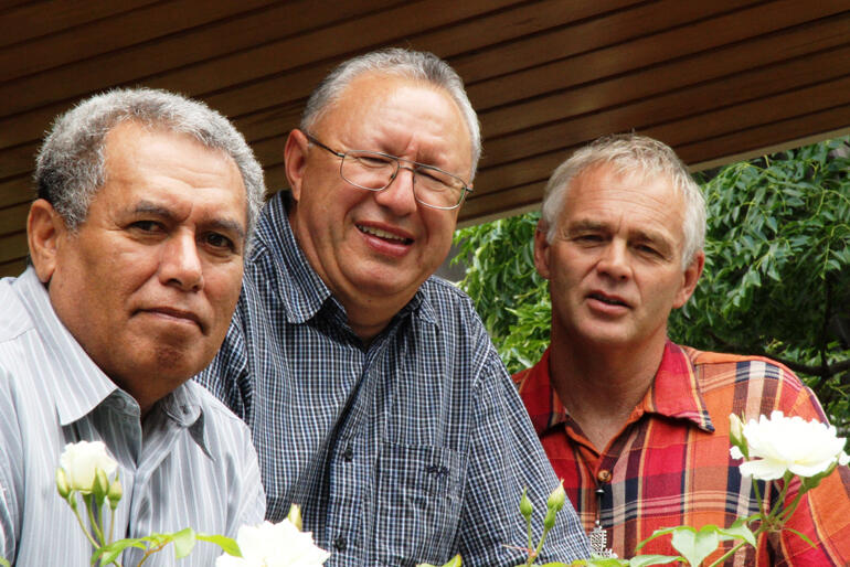 The three Deans of St John's College: Frank Smith, Rangi Nicholson and Jim White smile for the camera in 2009. Photo: Lloyd Ashton