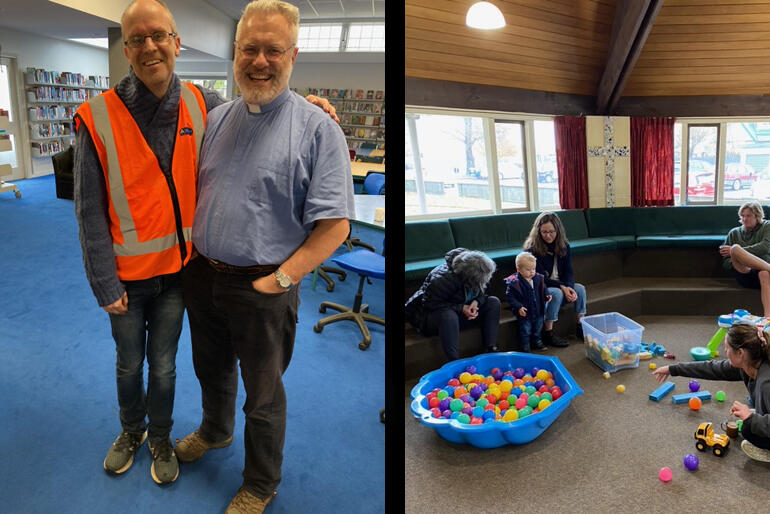 Offering a warm welcome: (L) Geraldine's Rev Alastair McNaughton and Rev Tony Kippax, (R) Drop in play space at St Peter's Temuka.