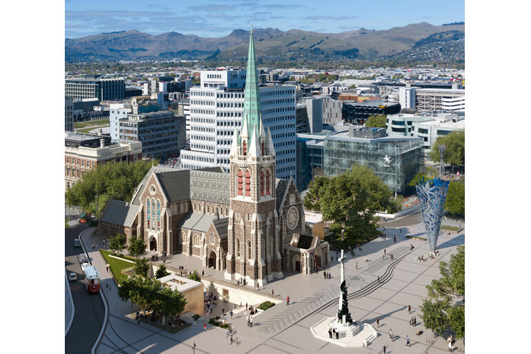 A new architect's image shows the reinstated Christ Church Cathedral Quarter as planned for 2027. A new architect's image shows the reinstated Christ Church Cathedral Quarter as planned for 2027.