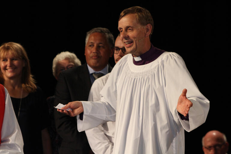 Peter Carrell opens his arms wide to acknowledge all who have supported and gone before him in his mihi whakatau. Peter Carrell opens his arms wide to acknowledge all who have supported and gone before him in his mihi whakatau.