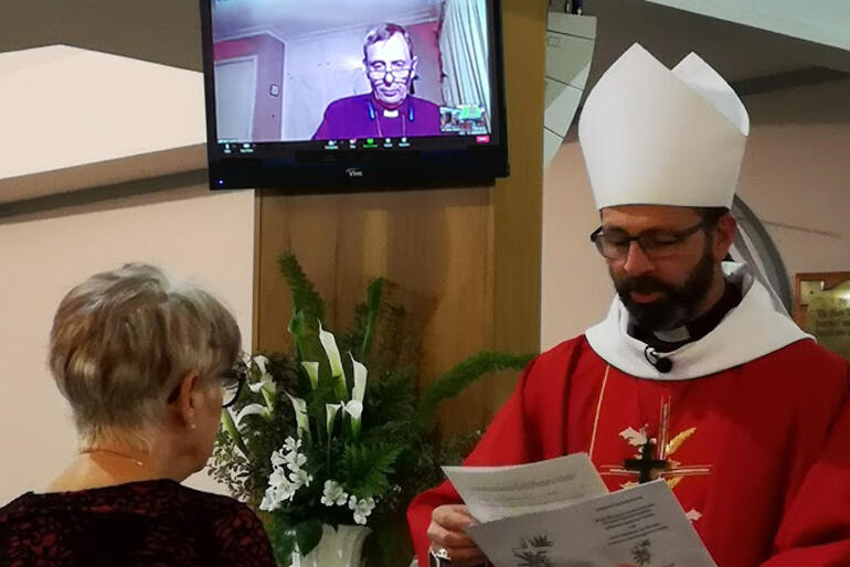Bishop Andrew Hedge commissions Gail Spence as National Lay Director of Cursillo NZ as Bishop Peter Carrell supports by Zoom. Bishop Andrew Hedge commissions Gail Spence as National Lay Director of Cursillo NZ as Bishop Peter Carrell supports by Zoom.