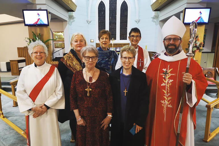 Front L-R: Rev Sybil Gibson, Gail Spence, Mary Dunn, Bishop Andrew Hedge. Back:Jennifer Whyman, Hanlie Viljoen & Rev Mary Rowlands. Front L-R: Rev Sybil Gibson, Gail Spence, Mary Dunn, Bishop Andrew Hedge. Back:Jennifer Whyman, Hanlie Viljoen & Rev Mary Rowlands.