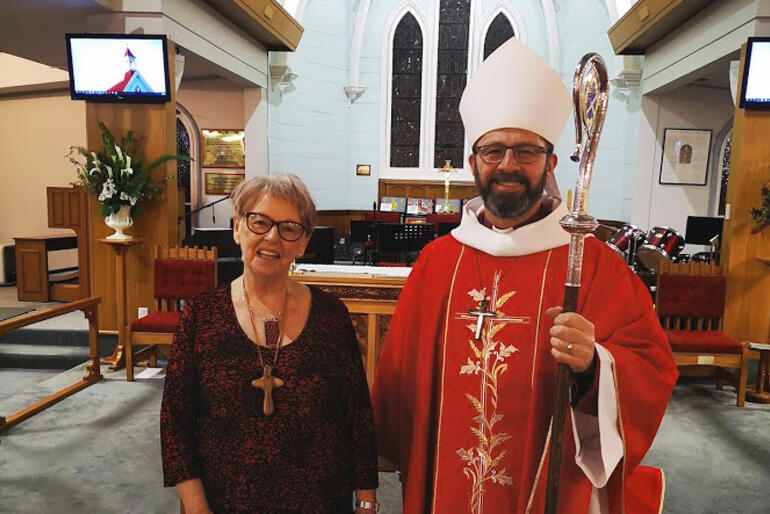 Gail Spence stands in All Saints' Taradale with Bishop Andrew Hedge after her commissioning service as Lay Director of Anglican Cursillo New Zealand. Gail Spence stands in All Saints' Taradale with Bishop Andrew Hedge after her commissioning service as Lay Director of Anglican Cursillo New Zealand.