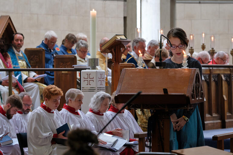 Dean Tony Curtis' daughter Ziva reads the second reading at her dad's installation in St Paul's Cathedral Dunedin.© David Sutton, 2020.