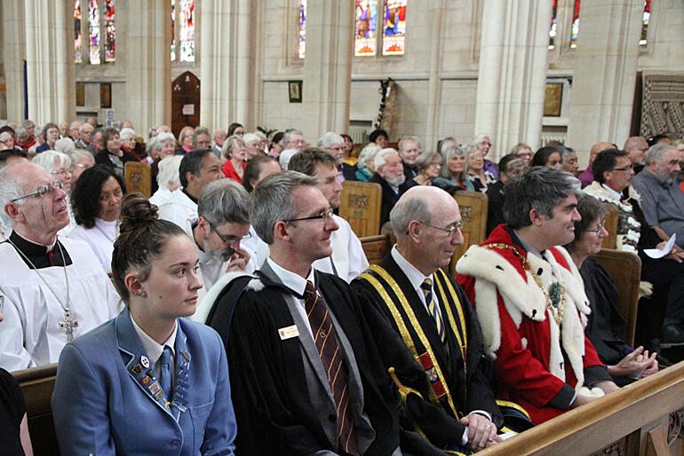 Welcoming: L-R: Catholic +Dunedin, St Hilda's College rep, Selwyn College head, Otago University Chancellor, Dunedin Mayor, Warden, Ngai Tahu speaker.