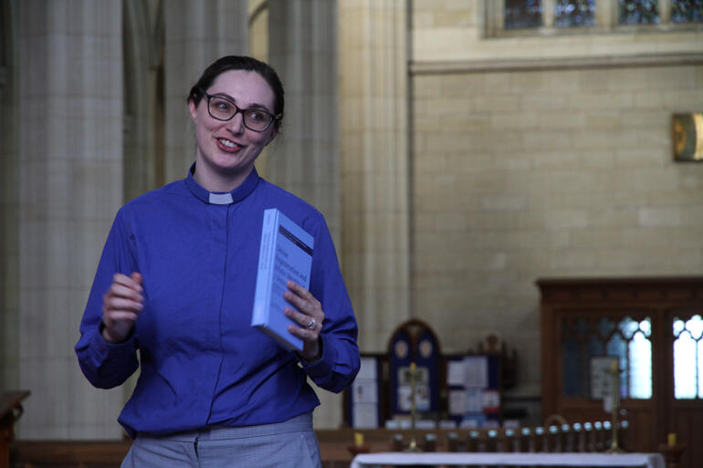 Rev Dr Katie Marcar introduces her study of 1 Peter at her book launch in the sanctuary of St Paul's Cathedral Dunedin. Rev Dr Katie Marcar introduces her study of 1 Peter at her book launch in the sanctuary of St Paul's Cathedral Dunedin.