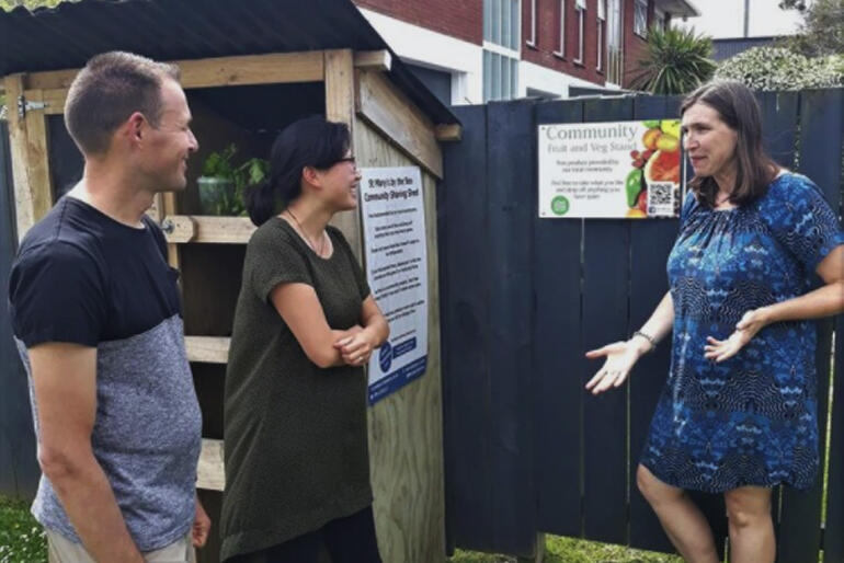 Louise Allnutt of S.Mary's Anglican Church Torbay explains their fruit and veg Sharing Shed project, as Rev Dion Blundell and Cathy Bi-Riley look on. Louise Allnutt of S.Mary's Anglican Church Torbay explains their fruit and veg Sharing Shed project, as Rev Dion Blundell and Cathy Bi-Riley look on.