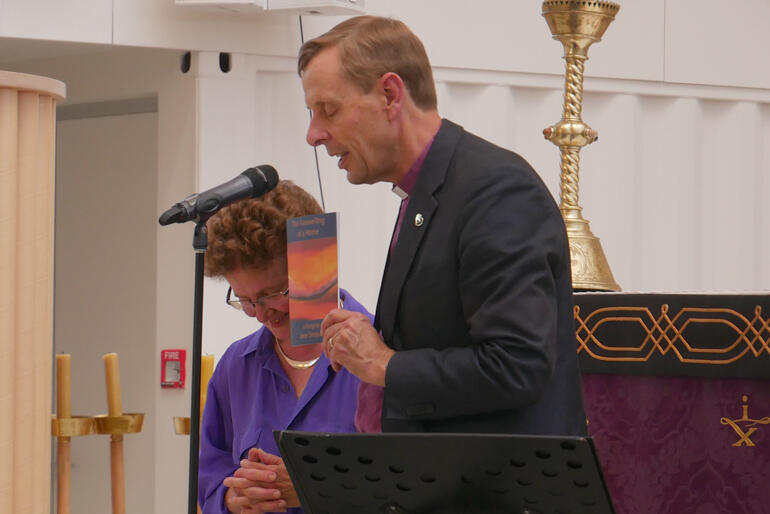 Bishop of Christchurch Peter Carrell stands with Dr Jane Simpson to bless ‘The Farewelling of a Home: a liturgy’ at the Transitional Cathedral. Bishop of Christchurch Peter Carrell stands with Dr Jane Simpson to bless ‘The Farewelling of a Home: a liturgy’ at the Transitional Cathedral.
