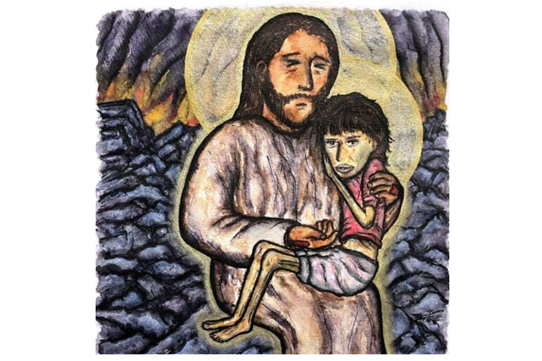 Common Grace Aotearoa shared this watercolour of Christ holding a starving child in Gaza as they issued a call to fast and pray today.