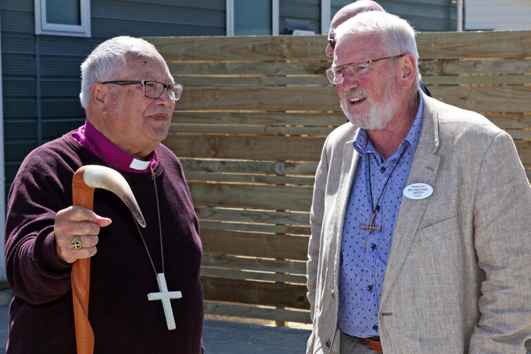 Bishop of Te Waipounamu Richard Wallace talks with WesleyCare chaplain Rev Michael Greer.