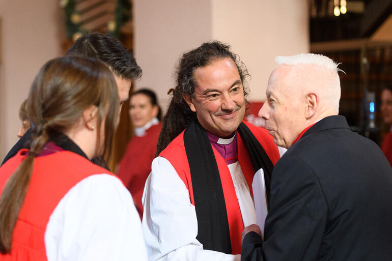 Bishop Justin Duckworth welcomes New Zealand Herald of Arms Extraordinary to the Queen, Phillip O'Shea.