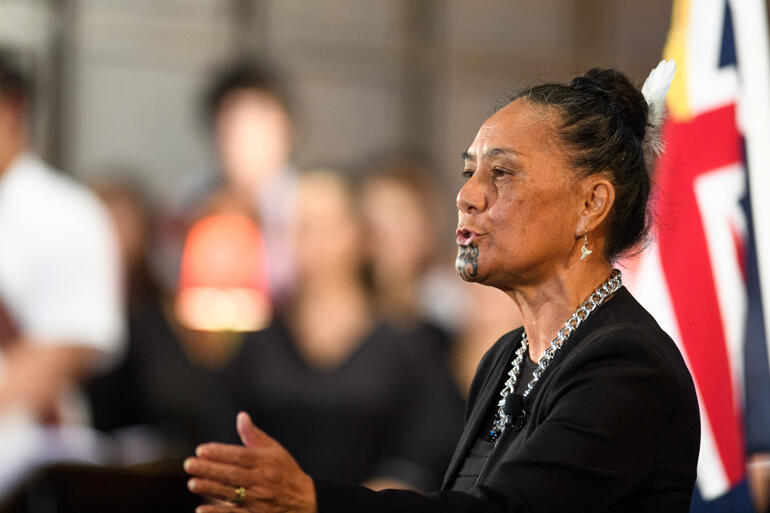 Kaikaranga Pekaira Rei calls people into the gathering to remember, honour and mourn HRH Prince Philip. Kaikaranga Pekaira Rei calls people into the gathering to remember, honour and mourn HRH Prince Philip.