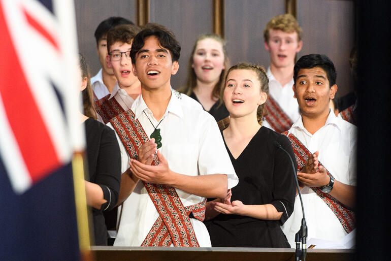 Members of the New Zealand Secondary Schools Choir sing 'Wairua Tapu' by the Wehi whānau. Members of the New Zealand Secondary Schools Choir sing 'Wairua Tapu' by the Wehi whānau.
