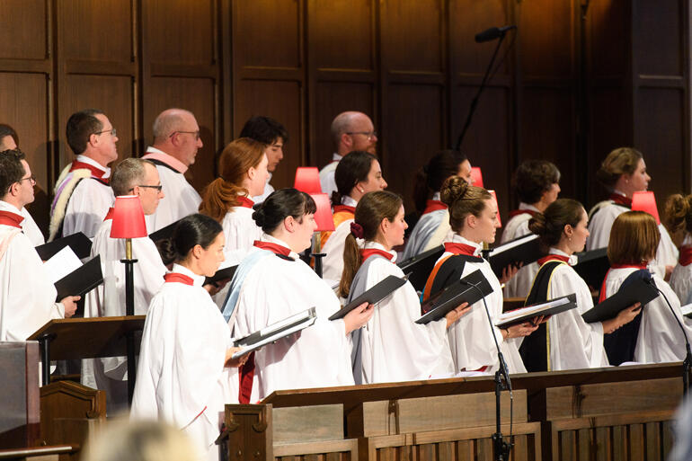 Members of Wellington Cathedral choir prepare to sing Te Īnoi a Te Ariki - The Lord's Prayer to music by Huia Beattie. Members of Wellington Cathedral choir prepare to sing Te Īnoi a Te Ariki - The Lord's Prayer to music by Huia Beattie.