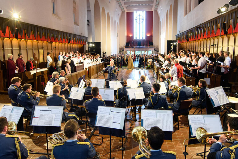 The Royal New Zealand Air Force Band play during the memorial. The Royal New Zealand Air Force Band play during the memorial.