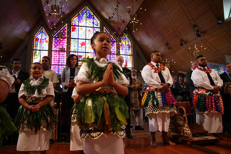 Some of the young people from the parishes of the Diocese of Polynesia in Auckland who processed the gospel in to the service.