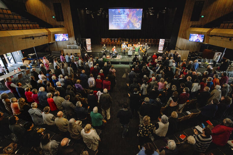 A band leads worship at Christchurch Boy's High School auditorium during the Living Faith conference 26 October 2024. A band leads worship at Christchurch Boy's High School auditorium during the Living Faith conference 26 October 2024.
