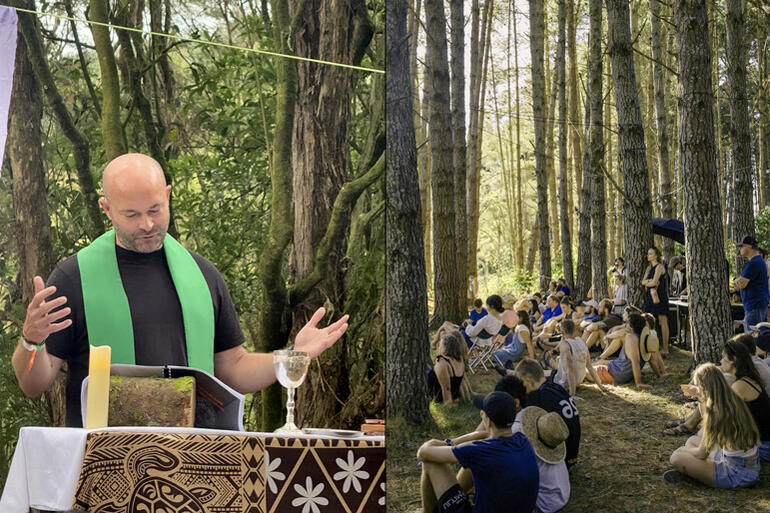Rev Carl Tinnion stands at the makeshift altar in the "Forest Cathedral," at Festival One 2025. Rev Carl Tinnion stands at the makeshift altar in the "Forest Cathedral," at Festival One 2025.