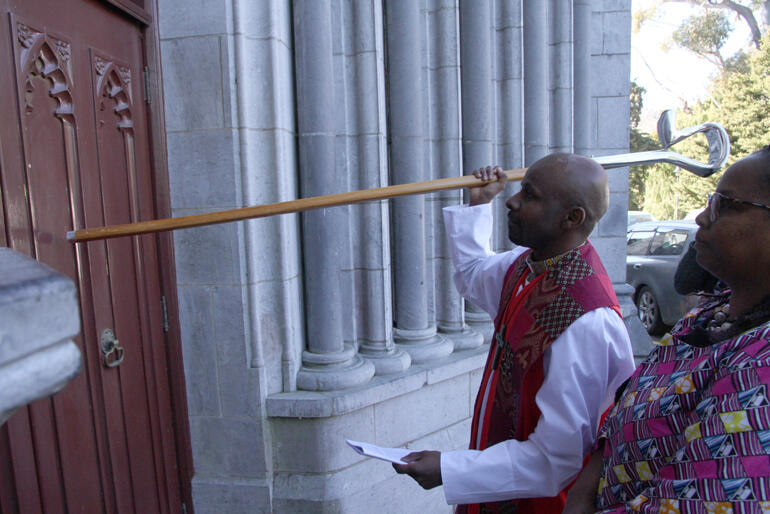 Bishop Steve answers the clarion call and knocks on the Cathedral doors.