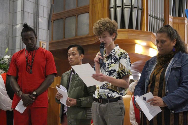 Jesse Sherlock intercedes on climate change alongside (L-R): Mark Waweru, San Aye and Sharnene Duggan.