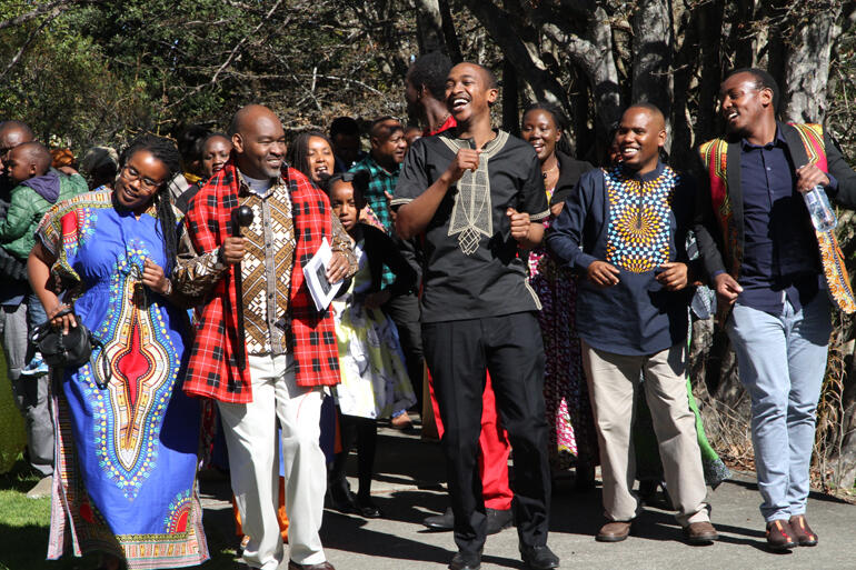 L-R: Ciru Muriuki, Tony Mungai, Rev Mark Ambundo, Joseph Kinyua and Jimmy Munyo sing and dance their way out of the Cathedral.