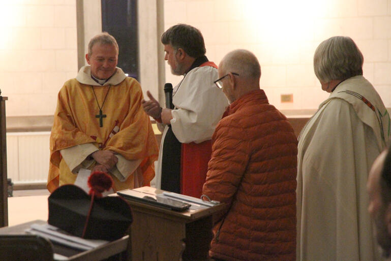 Archbishop Philip Richardson thanks +Steven for his service as Andrew Metcalfe and Archdeacon Jan Clark look on. Archbishop Philip Richardson thanks +Steven for his service as Andrew Metcalfe and Archdeacon Jan Clark look on.