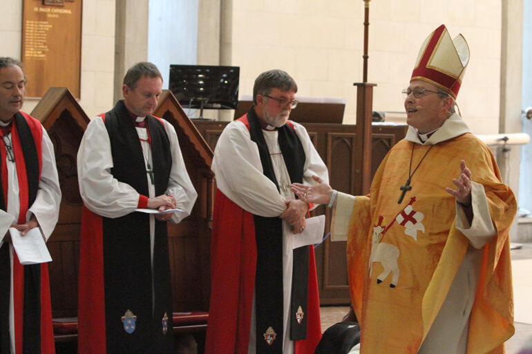 Bishop Steven shares his love of the Diocese of Dunedin as supporting bishops look on. Bishop Steven shares his love of the Diocese of Dunedin as supporting bishops look on.