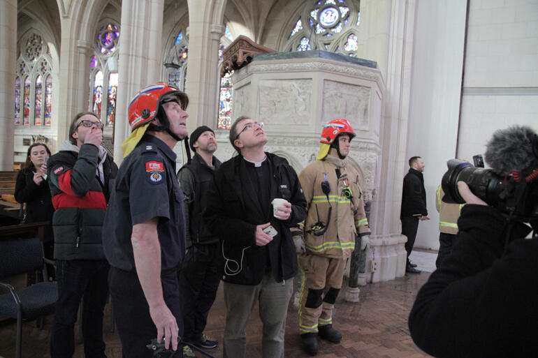 L-R: Cathedral Music Director Michael Grant, Robbie Torrance, Cathedral caretaker Peter Ogle, Dean Tony Curtis and Michael Johnston survey the damage.