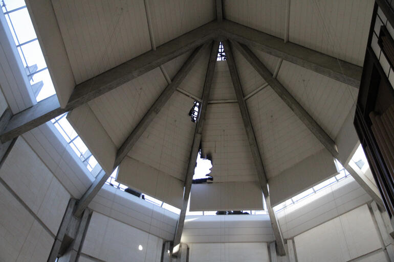 The St Paul's Cathedral Dunedin fire burnt through the roof in three places, now the entire fan-shaped roof section must be replaced. The St Paul's Cathedral Dunedin fire burnt through the roof in three places, now the entire fan-shaped roof section must be replaced.