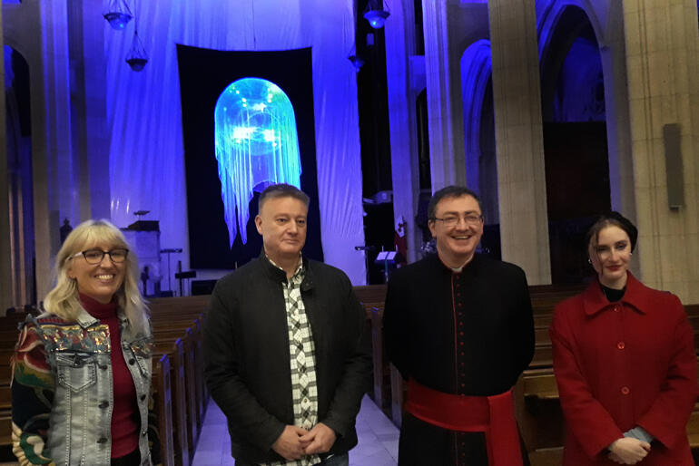 Artist Karen Sewell, Anglican Family Care's Mike Williams, Dean Tony Curtis & Cathedral volunteer Molly Crighton at the Luminary reception. Artist Karen Sewell, Anglican Family Care's Mike Williams, Dean Tony Curtis & Cathedral volunteer Molly Crighton at the Luminary reception.