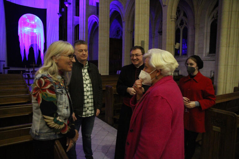 Artist Karen Sewell speaks with Deputy Mayor of Dunedin Christine Garey as the reception for Luminary opens.