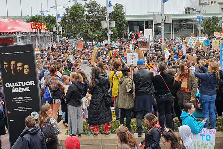 Anglicans take up their places in the Auckland throng of climate strikers. Anglicans take up their places in the Auckland throng of climate strikers.