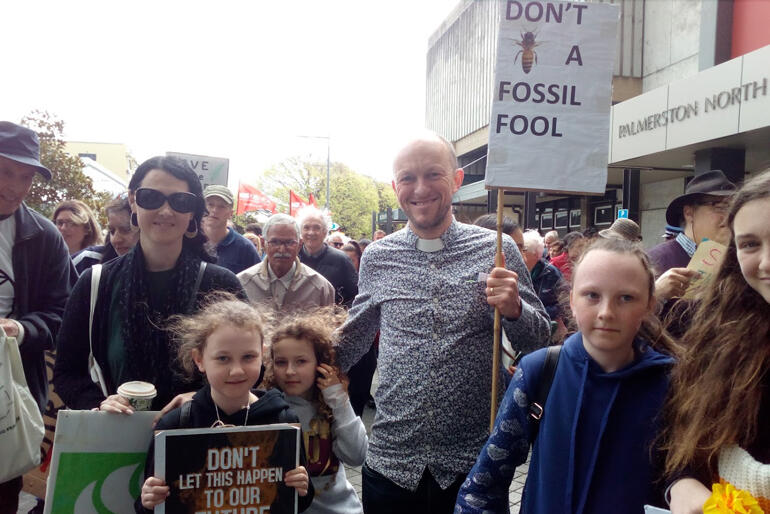 Beck Hickman, Rev Andy Hickman and family turn up to the climate strikes as part of their ongoing protests against fossil fuel extraction. Beck Hickman, Rev Andy Hickman and family turn up to the climate strikes as part of their ongoing protests against fossil fuel extraction.
