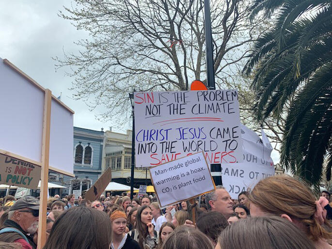 Christian signs at the Nelson climate strike lead to a public street theology exchange. Christian signs at the Nelson climate strike lead to a public street theology exchange.