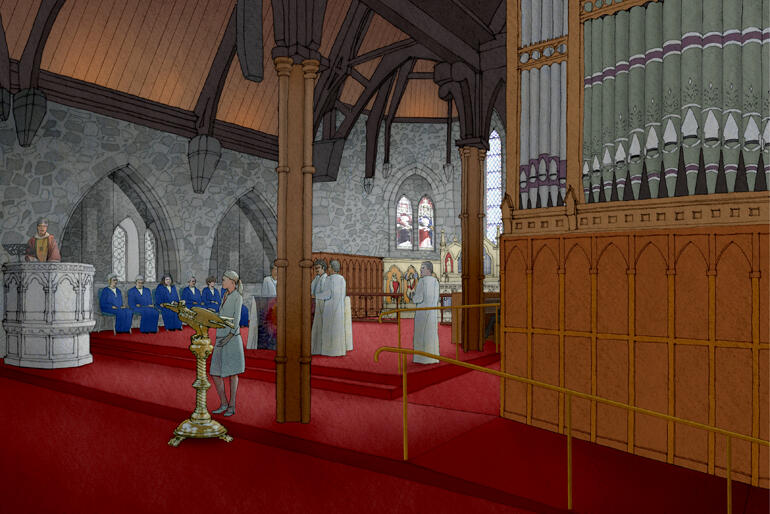 An architectural concept drawing shows the restored interior of the Taranaki Cathedral of St Mary. An architectural concept drawing shows the restored interior of the Taranaki Cathedral of St Mary.