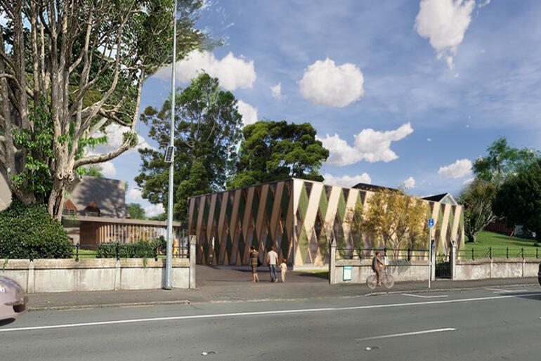 An architect's vision of Te Whare Hononga on site in the Taranaki Cathedral precinct, New Plymouth.