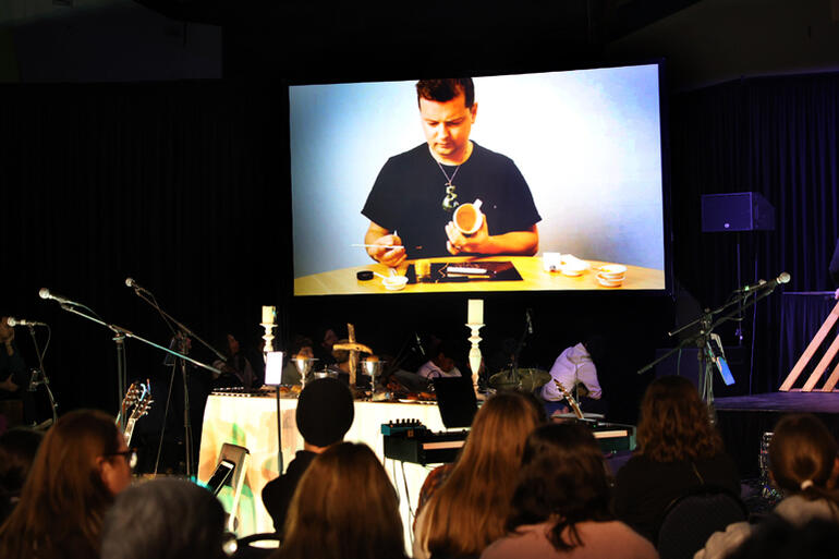 Nelson Diocesan Youth Ministry lead Brad Wood explains the Abbey theme as he demonstrates the Kintsugi painting technique on screen. Nelson Diocesan Youth Ministry lead Brad Wood explains the Abbey theme as he demonstrates the Kintsugi painting technique on screen.