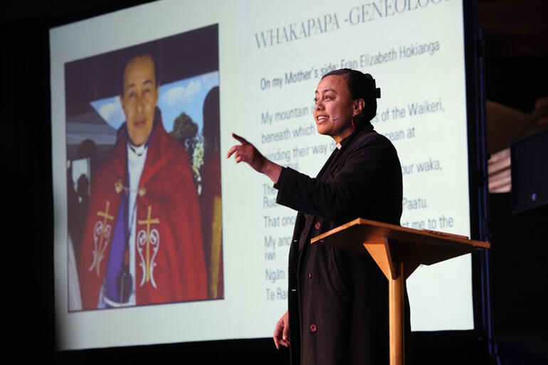 Rev Keri-Ann Hokianga lays out her whakapapa and encourages The Abbey crowd to work for reconciliation in Aotearoa. Rev Keri-Ann Hokianga lays out her whakapapa and encourages The Abbey crowd to work for reconciliation in Aotearoa.