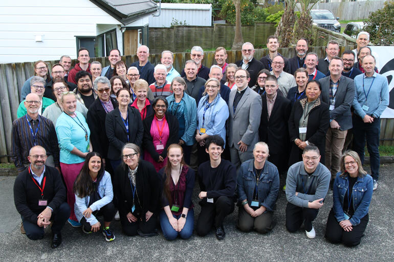 Tikanga Pākehā Conference delegates gather outside St Margaret's Hillsborough on Friday 14 August 2026.