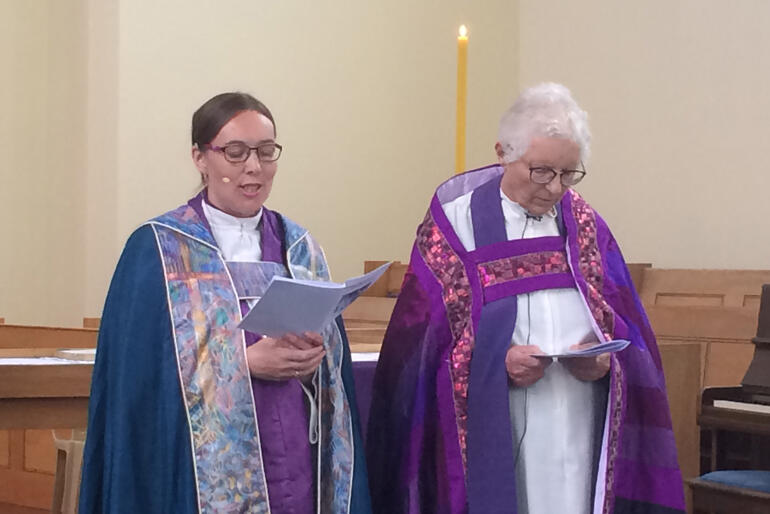 Bishop Eleanor Sanderson and Bishop Penny Jamieson lead prayers at the Eucharist marking 40 years of women's priestly ordination in Wellington. Bishop Eleanor Sanderson and Bishop Penny Jamieson lead prayers at the Eucharist marking 40 years of women's priestly ordination in Wellington.