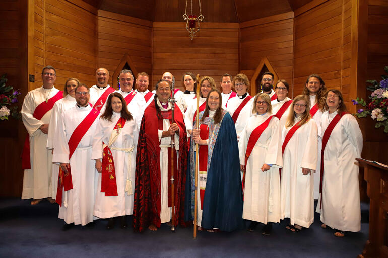 Bishop Justin Duckworth and Bishop Eleanor Sanderson celebrate with Wellington Diocese's 23 newly-ordained deacons and priests.