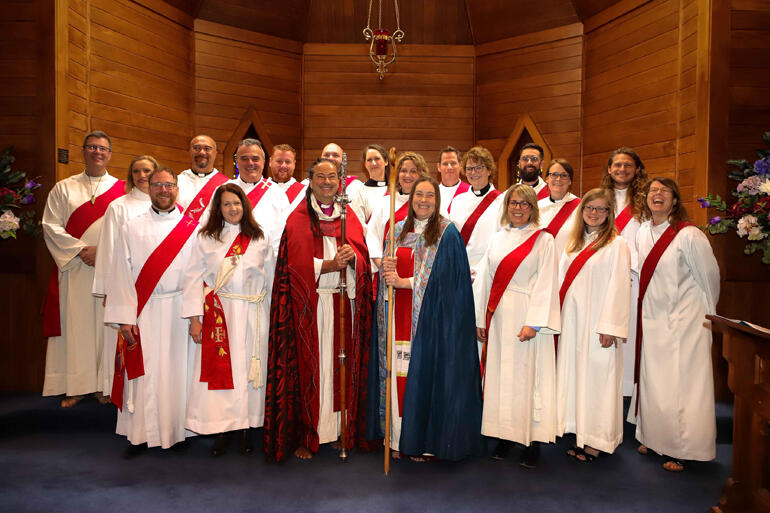 Bishop Justin Duckworth and Bishop Eleanor Sanderson celebrate with Wellington Diocese's 23 newly-ordained deacons and priests. Bishop Justin Duckworth and Bishop Eleanor Sanderson celebrate with Wellington Diocese's 23 newly-ordained deacons and priests.