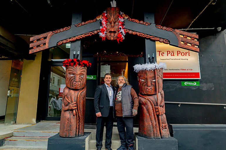 Wellington City Missioner Murray Edridge and Kura Wanikau stand outside Te Pā Pori, the transitional housing the Mission opened today.