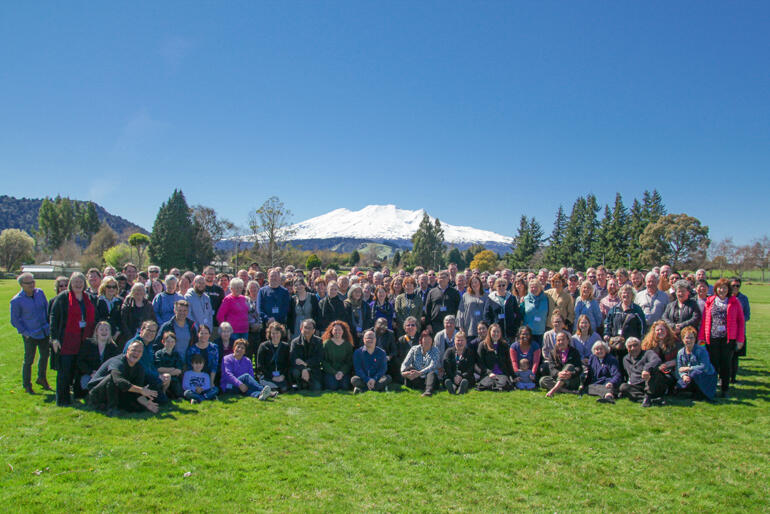 The Diocese of Wellington 2019 Synod lines up in sight of Mount Ruapehu's snow-covered slopes. The Diocese of Wellington 2019 Synod lines up in sight of Mount Ruapehu's snow-covered slopes.